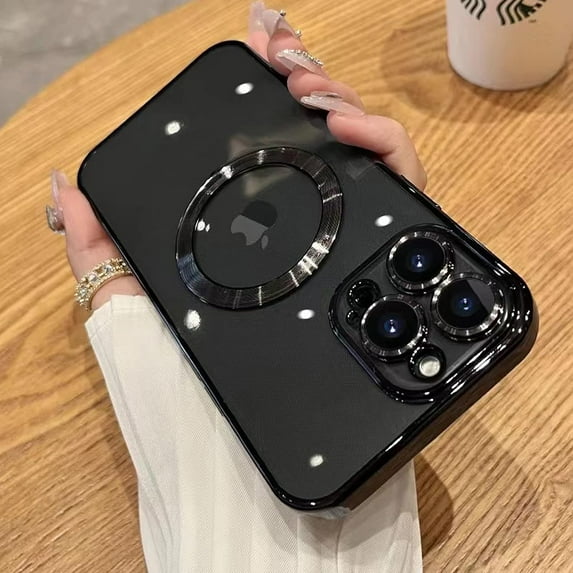 Magnetic Clear Case for iPhone 14 Pro Max Case with Camera Lens Protector, Compatible with MagSafe, Non-Yellowing Slim Fit Shockproof Shining for Women Girls Protective Phone Cover,6.7",Black