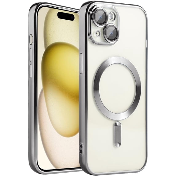 Magnetic Clear Case for iPhone 15 6.1'', Compatible with MagSafe, Built-in Camera Lens Protector, Luxury Plating Soft TPU Shockproof Slim Thin Transparent Back Cover for iPhone 15 - Silver