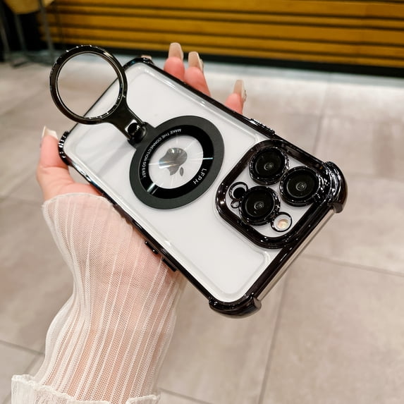 Magnetic Clear Case for iPhone 15 Pro Max with Ring Stand, Compatible with MagSafe, Military-Grade Full Protection Non-Yellowing Lens Protection Rugged Plating Phone Case, Black