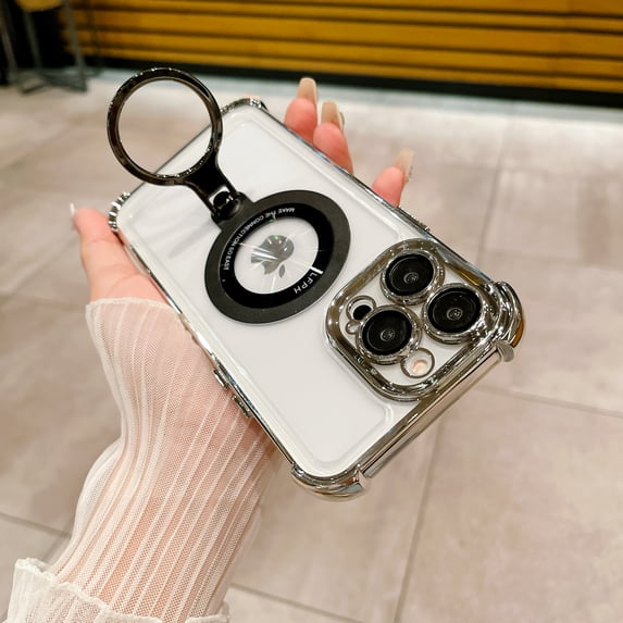 Magnetic Clear Case for iPhone 15 Pro Max with Ring Stand, Compatible with MagSafe, Military-Grade Full Protection Non-Yellowing Lens Protection Rugged Plating Phone Case, Silver