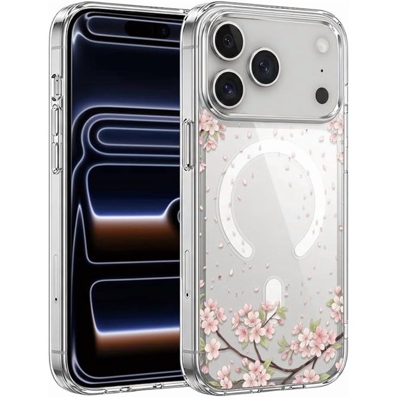 Magnetic Clear Case with Cherry Blossom Floral Design, Slim Shockproof Protective Cover for iPhone 13 Pro Max - Clear