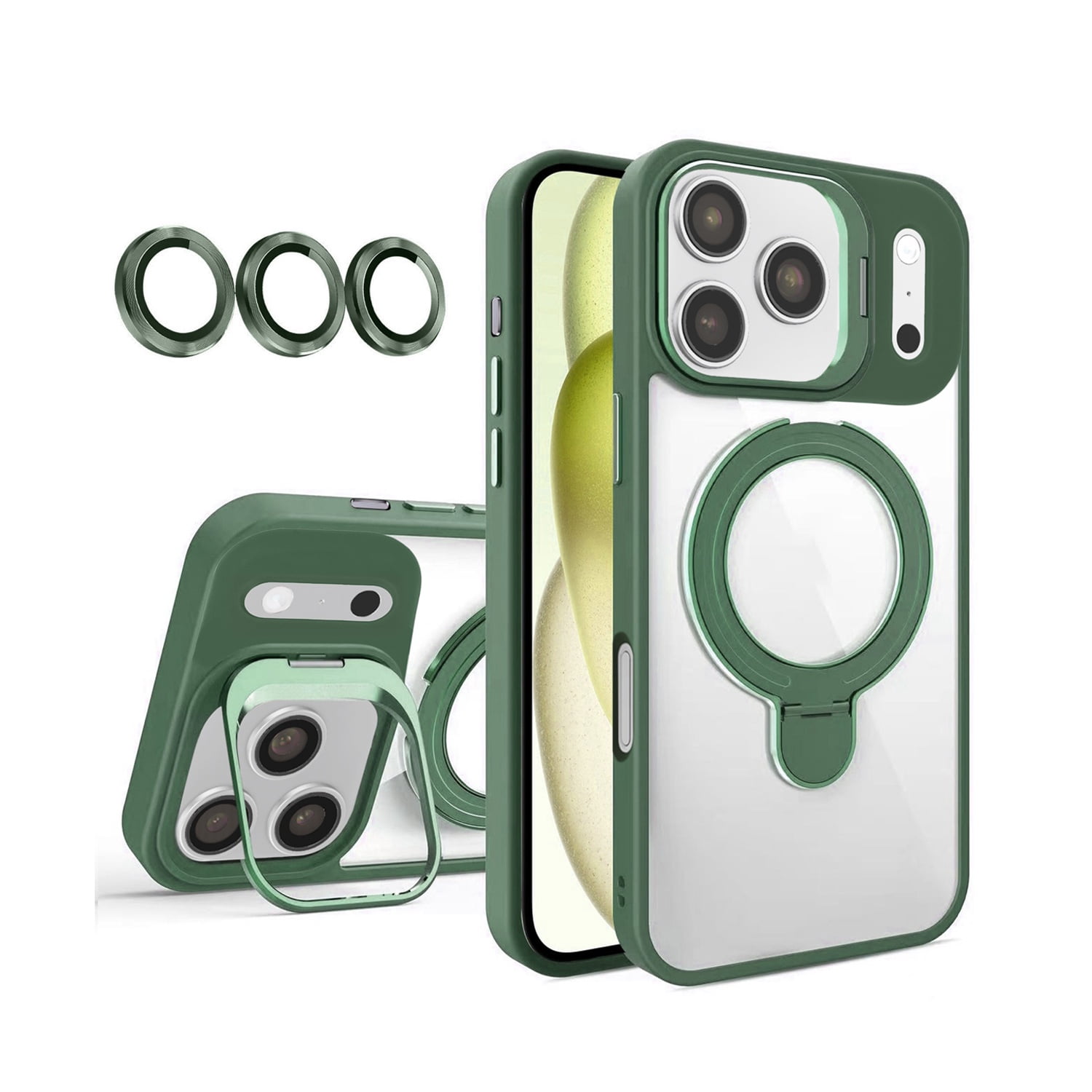 Magnetic Clear Case with Dual Kickstand and Lens for iPhone 17 Pro Max - Dark Green