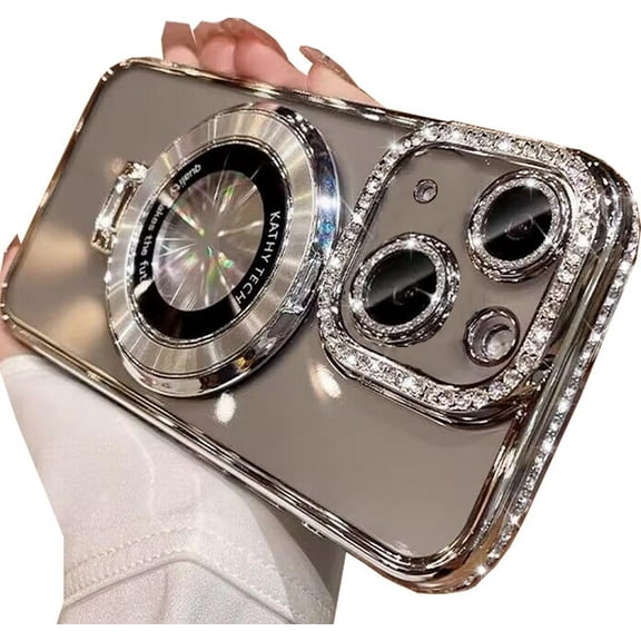 Magnetic Clear Glitter Case for iPhone 15 Plus,[Compatible with Magsafe] Bling Sparkly Diamond Rhinestone with Kickstand Camera Protector Phone Case for Women Girls for iPhone 15 Plus,Silver