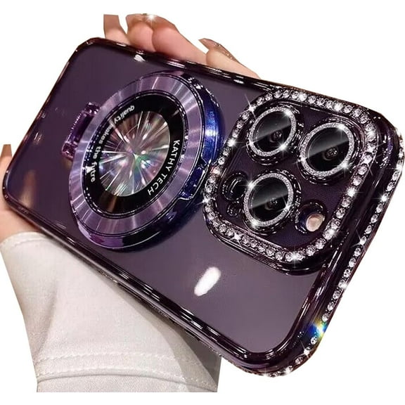 Magnetic Clear Glitter Case for iPhone 15 Pro Max, [Compatible with Magsafe] Bling Sparkly Diamond Rhinestone with Kickstand Camera Protector Women Girls Case for iPhone 15 Pro Max 6.7", Pink