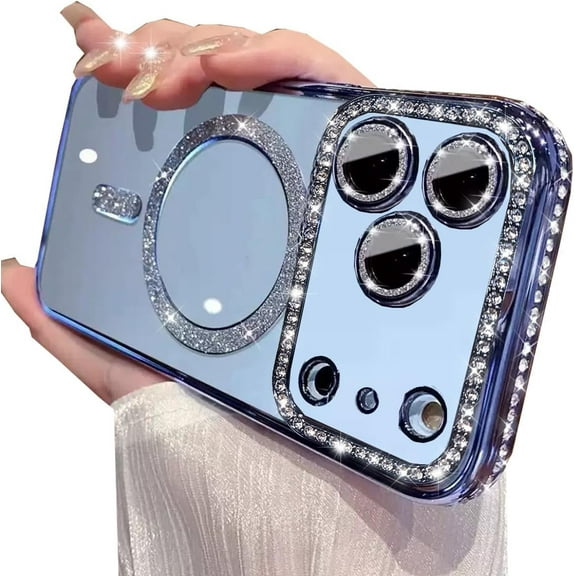 Magnetic Clear Glitter Case for iPhone 17 Pro, [Compatible with MagSafe] Cute Bling Sparkly Diamond Rhinestones with Camera Protector TPU Bumper Women Girls Case for iPhone 17 Pro 6.3", Blue