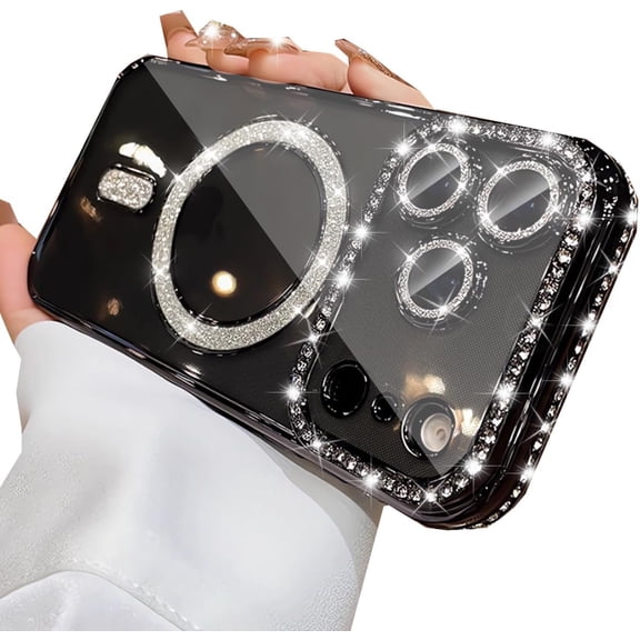 Magnetic Clear Glitter Case for iPhone 17 Pro Max,[Compatible with MagSafe] Cute Bling Sparkly Diamond Rhinestone with Camera Protector TPU Bumper Women Girls Case for iPhone 17 Pro Max,Black