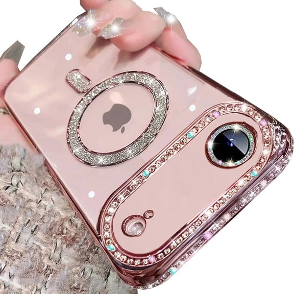 Magnetic Clear Glitter Case for iPhone Air, [Compatible with MagSafe] Cute Bling Sparkly Diamond Rhinestones with Camera Lens Protector TPU Bumper Women Girls Case for iPhone 17 Air 6.5",Pink