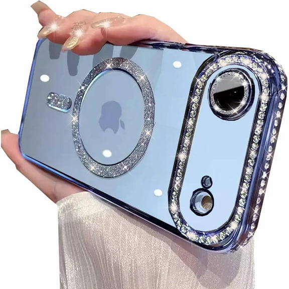 Magnetic Clear Glitter Case for iPhone Air, [Compatible with MagSafe] Cute Bling Sparkly Diamond Rhinestones with Camera Lens Protector TPU Bumper Women Girls Case for iPhone 17 Air 6.5",Blue
