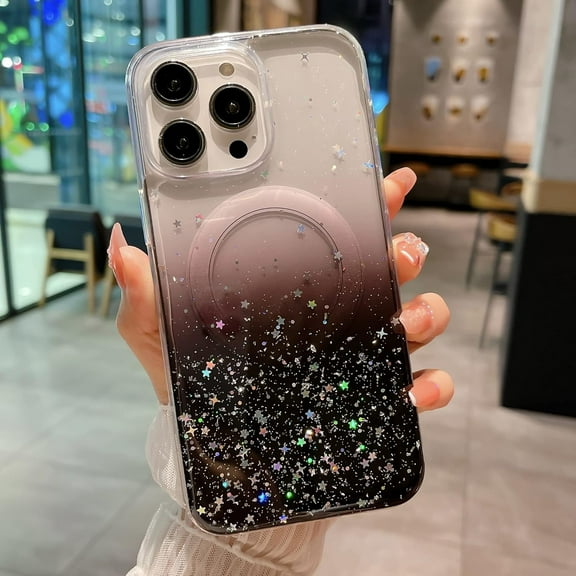 Magnetic Clear Glitter for iPhone 14 Pro Max Case for Women Girls Compatible with MagSafe, Cute Color Gradient Bling Sparkle Shockproof Protective Bumper Phone Case for iPhone 14 Pro Max (Black)