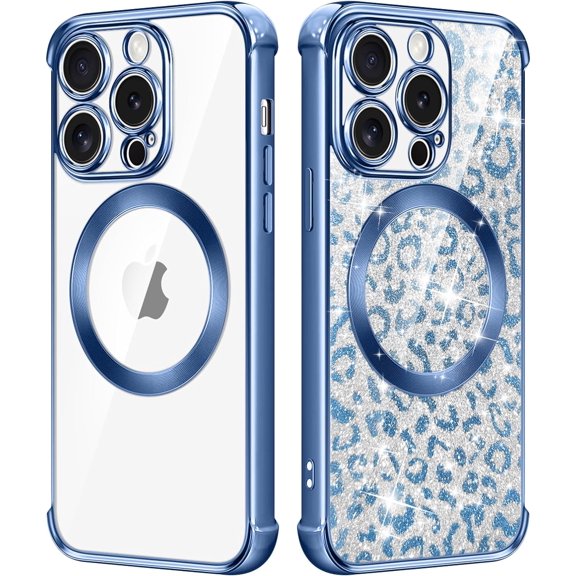 Magnetic Clear for iPhone 15 Pro Case Compatible with Magsafe Glitter Blue Leopard Pattern Design for Women Girls Men Soft TPU Electroplated Phone Case for iPhone 15 Pro Blue