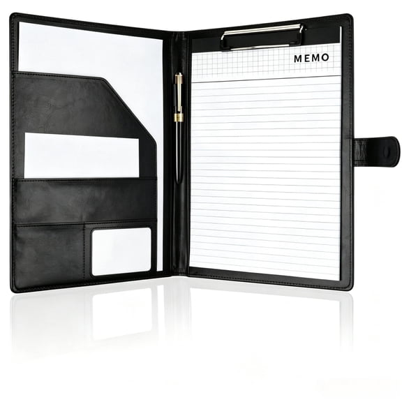 Magnetic Closure PU Leather A4 Padfolio Portfolio Folder with 25-Sheet Notepad, Business Clipboard Resume Organizer with Card & Document Pockets for Office Interview, Black
