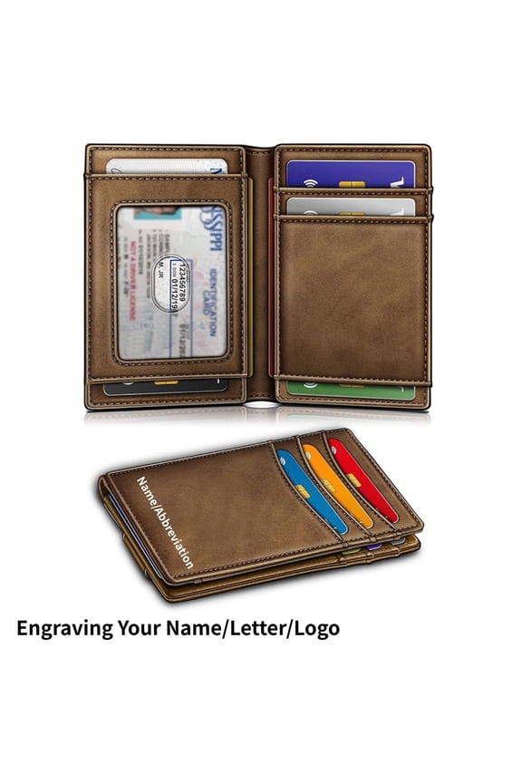 Magnetic Closure Slim Personalized Custom Engraving Wallet-Genuine Leather Front Pocket Wallet for Men, RFID Blocking,Holds 12 Cards and Money Clip, Brown
