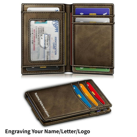 Magnetic Closure Slim Personalized Custom Engraving Wallet-Genuine Leather Front Pocket Wallet for Men, RFID Blocking,Holds 12 Cards and Money Clip, Coffee