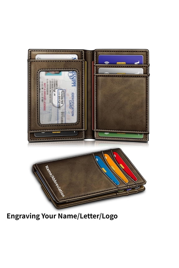 Magnetic Closure Slim Personalized Custom Engraving Wallet-Genuine Leather Front Pocket Wallet for Men, RFID Blocking,Holds 12 Cards and Money Clip, Coffee