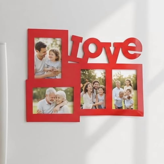 Magnetic Collage Photo Frame for Fridge 4 Openings for 4x6 Photos, LOVE Design, Holds 4 Pictures Red Magnet Picture Frame for Refrigerator, Home Dcor (17 x 13 Inches / 43 x 33 CM)