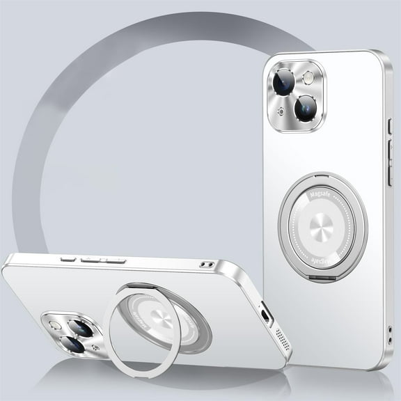Magnetic Comaptible for iPhone 15 Plus Case with Stand, 360° Rotatable Ring Holder Kickstand Support Magnetic Car Mount Shockproof Protective Bumper Phone Case for Apple iPhone 15 Plus, Silver