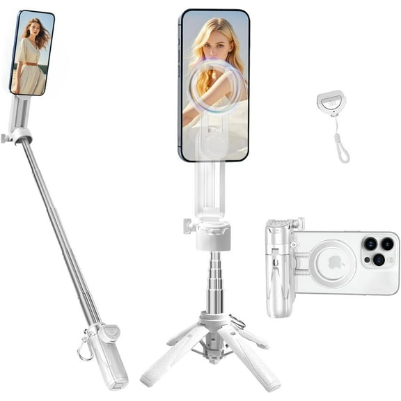 Magnetic Compact Mini Phone Selfie Stick, Mag-Safe 4 in 1 Small Portable Pocket Tripod for iPhone/Android, with Removable Phone Clip Remote for Photograph/Live Streaming/Video Recording