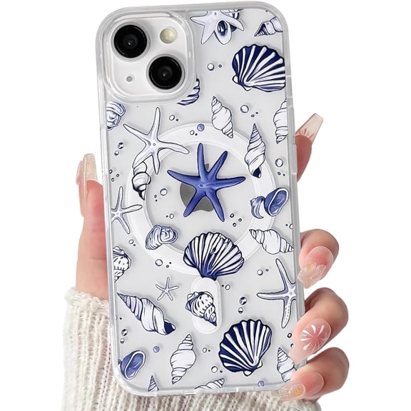 Magnetic Compatible with iPhone 13/14 Case Compatible with MagSafe Clear Ocean Cute Marine Life Seashell Design for Girls Women Soft TPU+PC Shockproof Protective Girly-Blue Shell