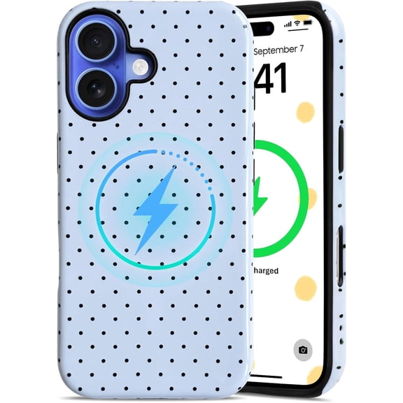 Magnetic Compatible for iPhone 16 Case Compatible for MagSafe Cute Aesthetics Polka Dots with 2 in 1 Design for Women Girls Soft TPU+PC Cover Shockproof Protective Girly-Blue