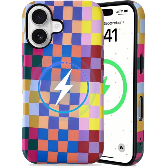 Magnetic Compatible for iPhone 17 Case Compatible for MagSafe Cute Lattice Plaid Checkerboard with Matte Design for Girls Women Soft TPU+PC Shockproof Protective Girly-Multicolor