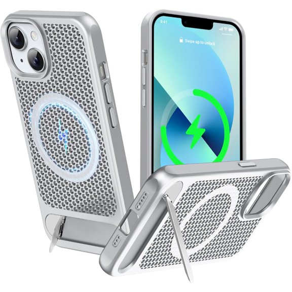 Magnetic Cooling Case for iPhone 15 Pro Max, compatible with MagSafe. Heat-dissipating & shockproof, built-in adjustable stand. Made of cool matte ice armor material, available in multiple colors.