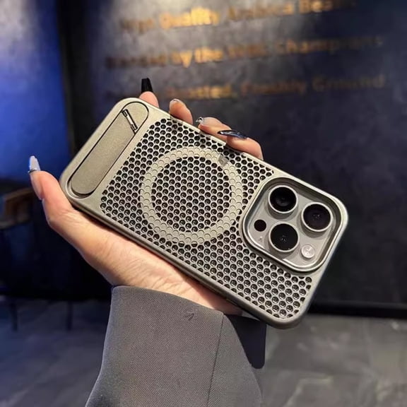 Magnetic Cooling Case for iPhone 15 Pro Max, compatible with MagSafe. Heat-dissipating & shockproof, built-in adjustable stand. Made of cool matte ice armor material, available in multiple colors.