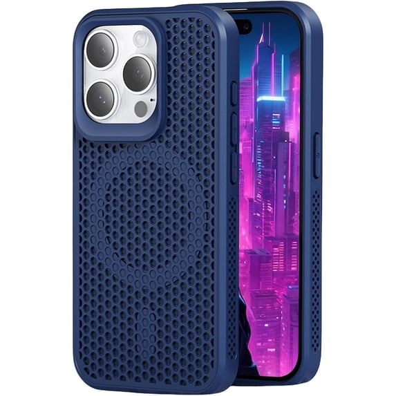 Magnetic Cooling Case for iPhone 16 Pro Max/Apple 16 Pro Max, Hard PC Slim Cellular Hole Heat Dissipation Mesh Breathable Hollow Honeycomb Case for Apple iPhone 16 Pro Max SR-Blue