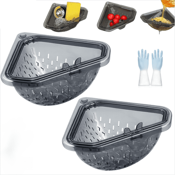 Magnetic Corner Sink Strainer , 6.69" Triangular Drain Rack for Food Scraps, Sponge Holder & Quick-Rinse Produce Basket, No-Drill Mount with Adhesive Metal Plate