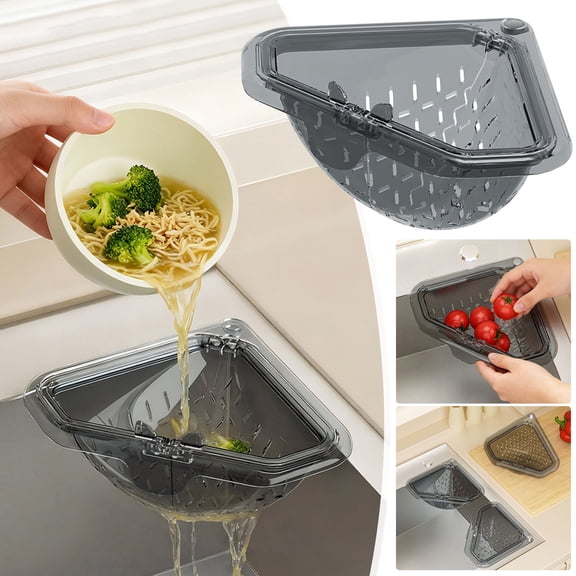 Magnetic Corner Sink Strainer Basket with Twist-Open Bottom, 6.69" Triangular Drain Rack for Food Scraps, Sponge Holder & Quick-Rinse Produce Basket, No-Drill Mount