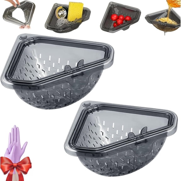 Magnetic Corner Sink Strainer Basket with Twist-Open Bottom, 6.69" Triangular Drain Rack for Food Scraps, Sponge Holder & Quick-Rinse Produce Basket, No-Drill Mount with Adhesive Metal Plate, ABS (2)