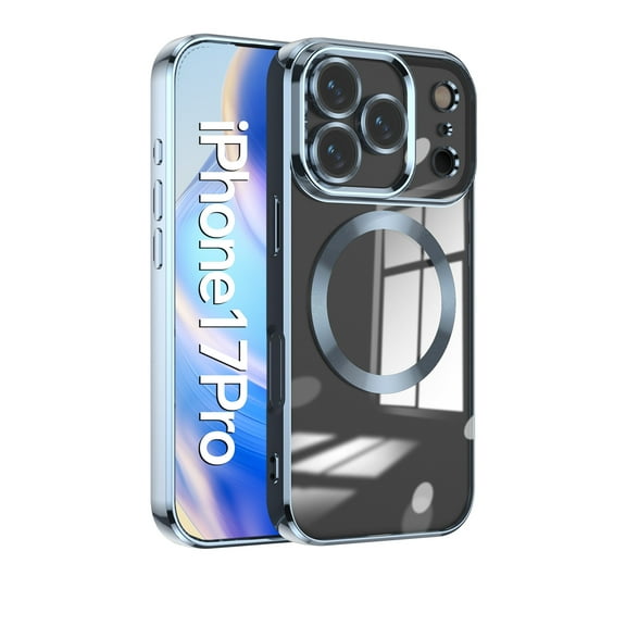 Magnetic Cover for iPhone 17 Pro, iPhone 17 Pro Clear Case with Magsafe, Shockproof Non-Yellowing Clear Plating Slim Phone Cover Case with Camera Lens Protector for iPhone 17 Pro, Blue