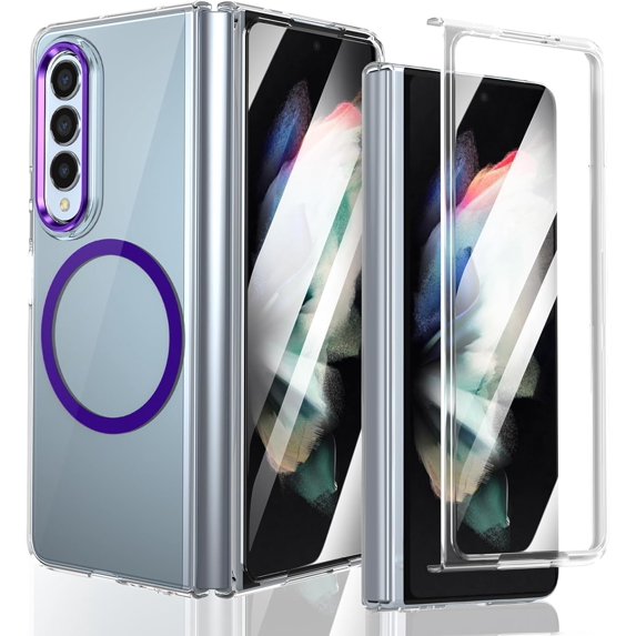 Magnetic Crystal Clear for Samsung Galaxy Z Fold 3 Case Compatible with MagSafe Screen Camera Guard Slim & Lightweight Anti Fingerprint Yellowing Resistant Hard PC Shockproof Case, Purple
