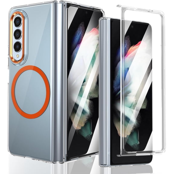 Magnetic Crystal Clear for Samsung Galaxy Z Fold 3 Case Compatible with MagSafe Screen Camera Guard Slim & Lightweight Anti Fingerprint Yellowing Resistant Hard PC Shockproof Case, Orange