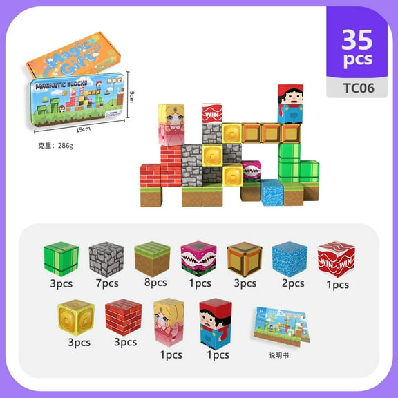 Magnetic Cube Blocks Travel Set 35 PCS Red Dot Road Theme, Portable Tin Box Building Cubes for Kids, Early Learning Toy