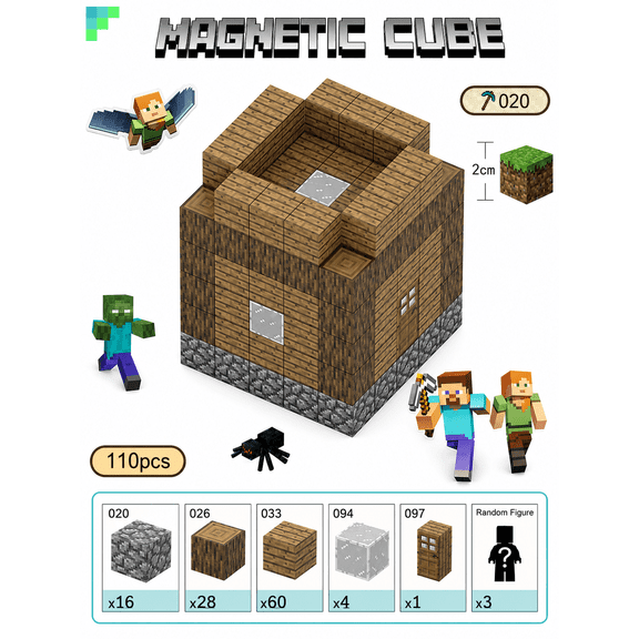 Magnetic Cube Building Blocks House 3 110PCS Pixel World STEM Toy Ages 7-14 Birthday Christmas Gift Set
