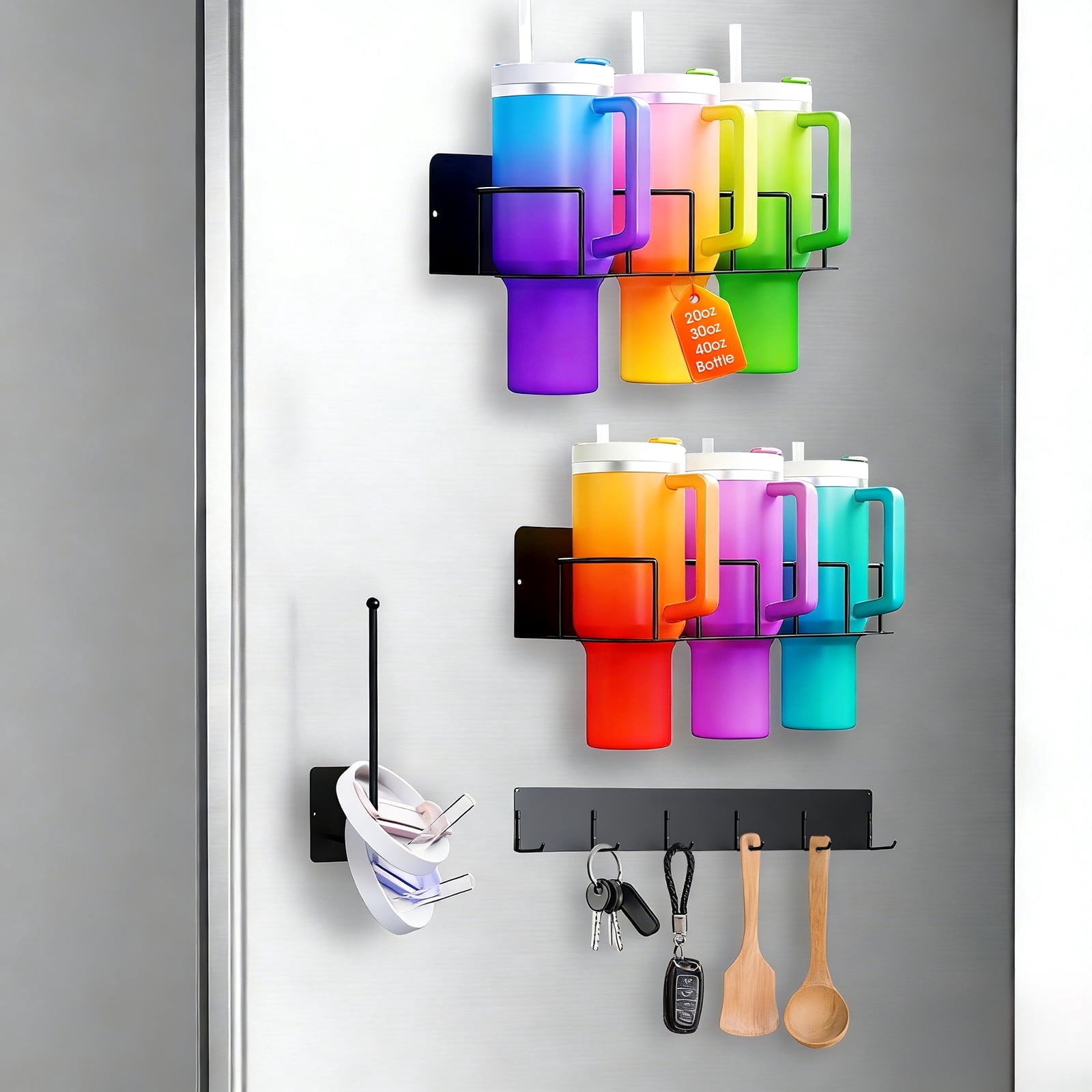 Magnetic Cup Holder for Fridge,Tumbler Organizer Fits 20/30/40 oz Cups, Accessory Storage with Lid & Straw Holder, Space-Saving Storage Rack for Kitchen Fridge (4PCS Black-Cup Holder Set)
