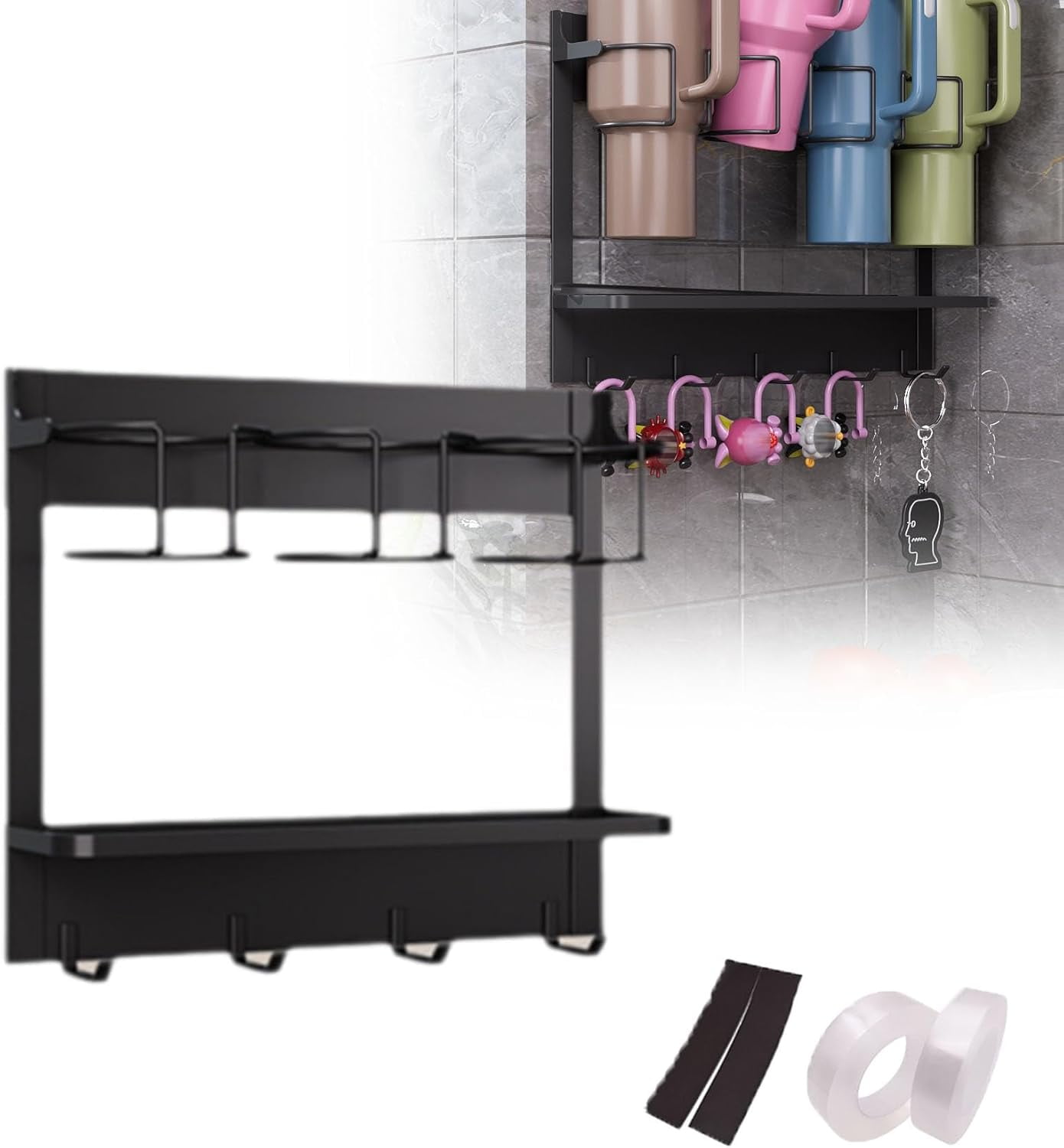 Abiglifty Magnetic Stanley Cup Holder For Fridge - 2 Tumbler Holders & Lid Rack, Black