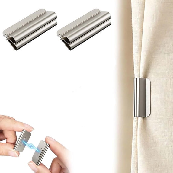 Magnetic Curtain Buckles 2 Pair, Light Blocking Curtain Clips Detachable Closure, No Drill No Sewing Curtain Fasteners, Keep Curtain Closed Home Decor