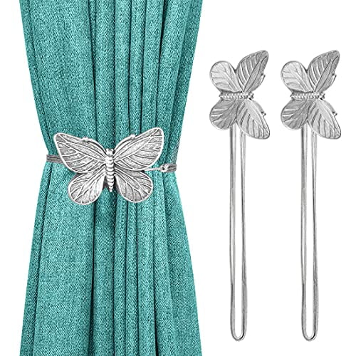 Magnetic Curtain Tie,1 Pair Vintage Butterfly Resin Flower Curtain Drapery Holdback Retro Window Curtain Decorative Buckle Holder for Home Office Cafe Balcony,Silver