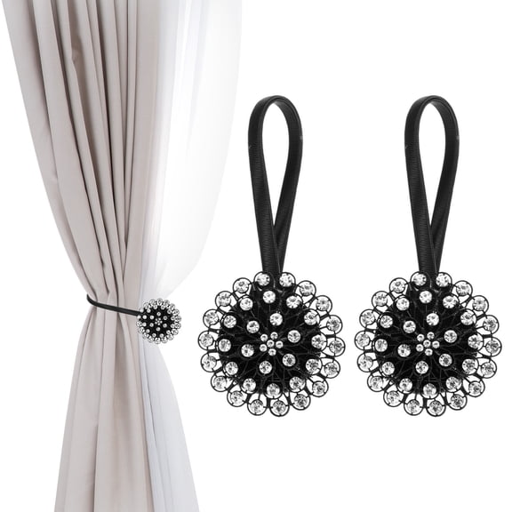 Magnetic Curtain Tie Backs, 2 Pack Sparkling Crystal Flower Curtain Tiebacks Drapery Holdbacks Buckle for Home Office Cafe Balcony, Black