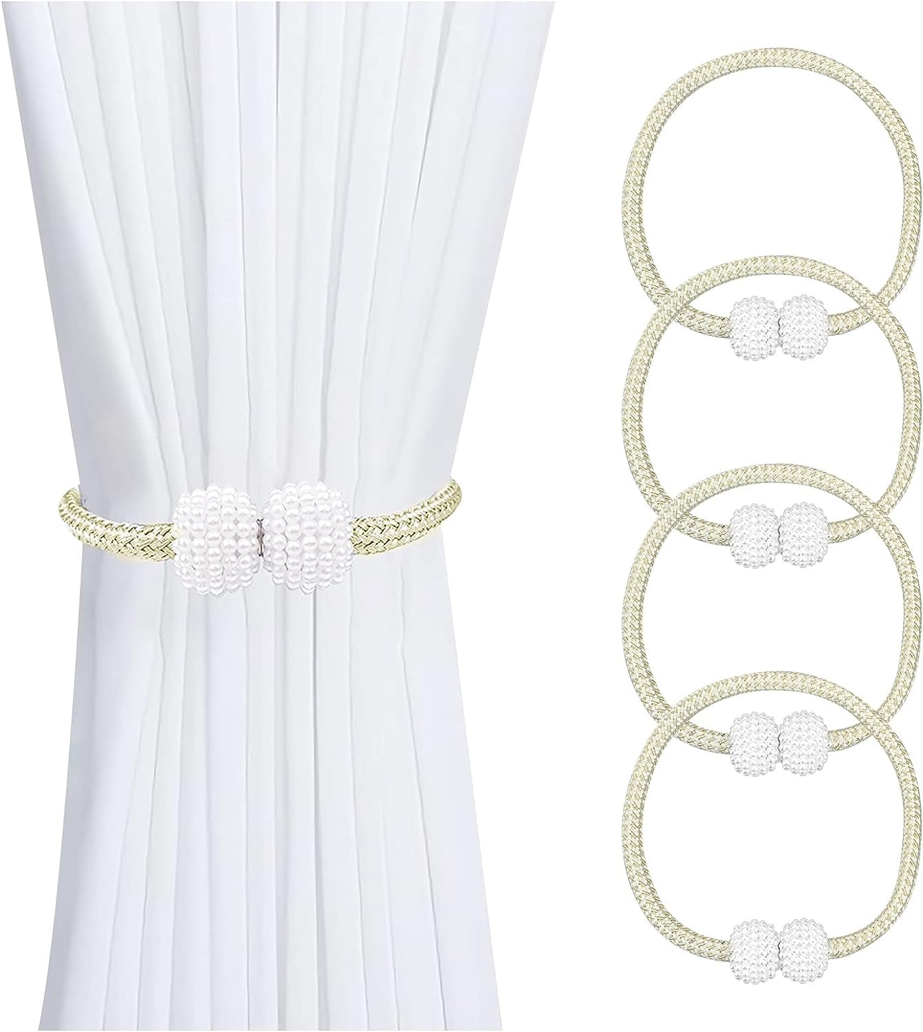 Magnetic Curtain Tie Backs, 4pcs Shower Curtain Tiebacks with Long Pearl Ball, 40cm Rope Curtain Holdback Curtain Holder Buckles for Home, Office, Hotel (beige)