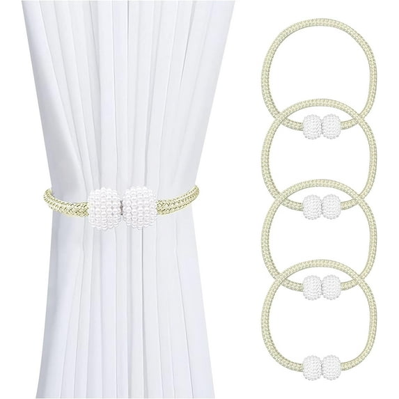 Magnetic Curtain Tie Backs, 4pcs Shower Curtain Tiebacks with Long Pearl Ball, 40cm Rope Curtain Holdback Curtain Holder Buckles for Home, Office, Hotel (beige)