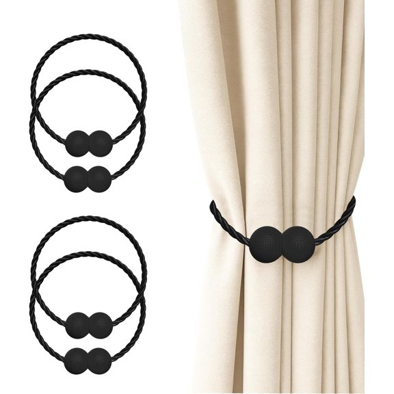 Magnetic Curtain Tiebacks 4 Pack, Nickel-plated Metal and Polyester, Black