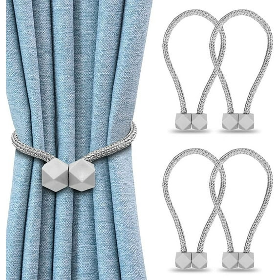 Magnetic Curtain Tiebacks, 4PCS Decorative Drape Tie Backs, Octagon Style Curtain Holdbacks Rope Holdback Holder for Window Draperies (4 Grey)