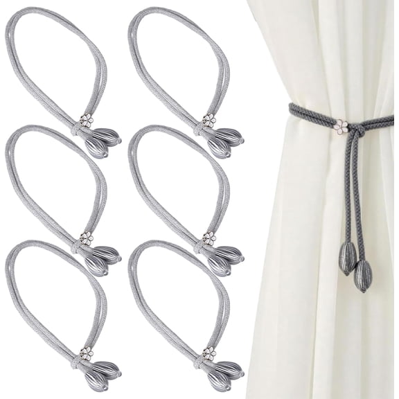 Magnetic Curtain Tiebacks 6 Pack, 19in Adjustable Decorative Window Holdbacks with Flower Pendant, No Drill Grey Drape Ties for Home Office (K)