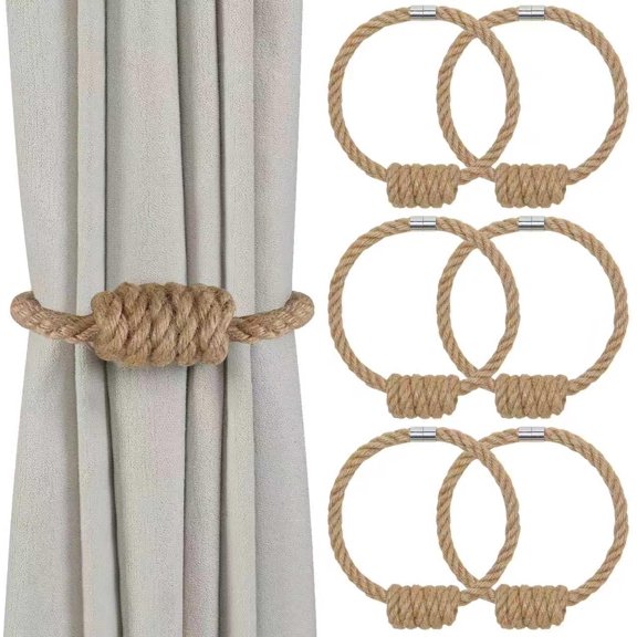 Magnetic Curtain Tiebacks, 6 Pack Jute Curtain Holdbacks, Elegant Hand Weave Rope Knot Curtain Tie Backs, Boho Curtain Tiebacks for Bedroom Room Nursery Decor