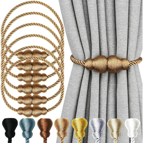 Magnetic Curtain Tiebacks 6Pack Outdoor Curtain Tie Backs Rope Decorative Magnetic Curtain Holders for Drapes Window Treatment Holdbacks, Khaki