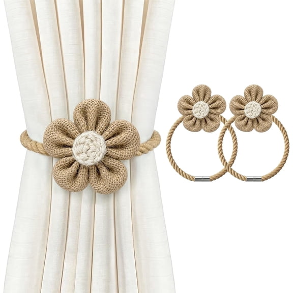 Magnetic Curtain Tiebacks, Boho Flower Curtain Holdbacks, Cream, 2 Pcs