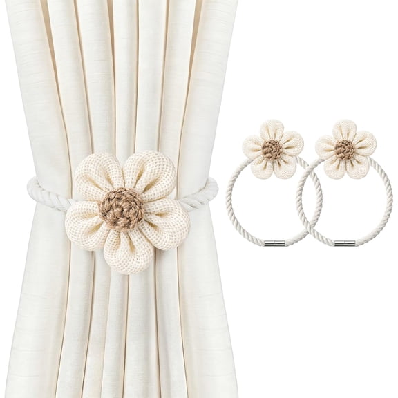 Magnetic Curtain Tiebacks, Boho Flower Curtain Holdbacks, Cream, 2 Pcs