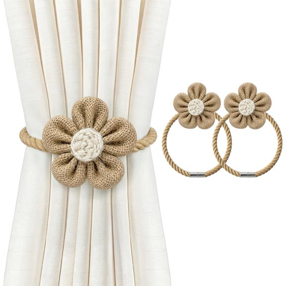Magnetic Curtain Tiebacks, Boho Flower Curtain Holdbacks, Khaki, 2 Pcs